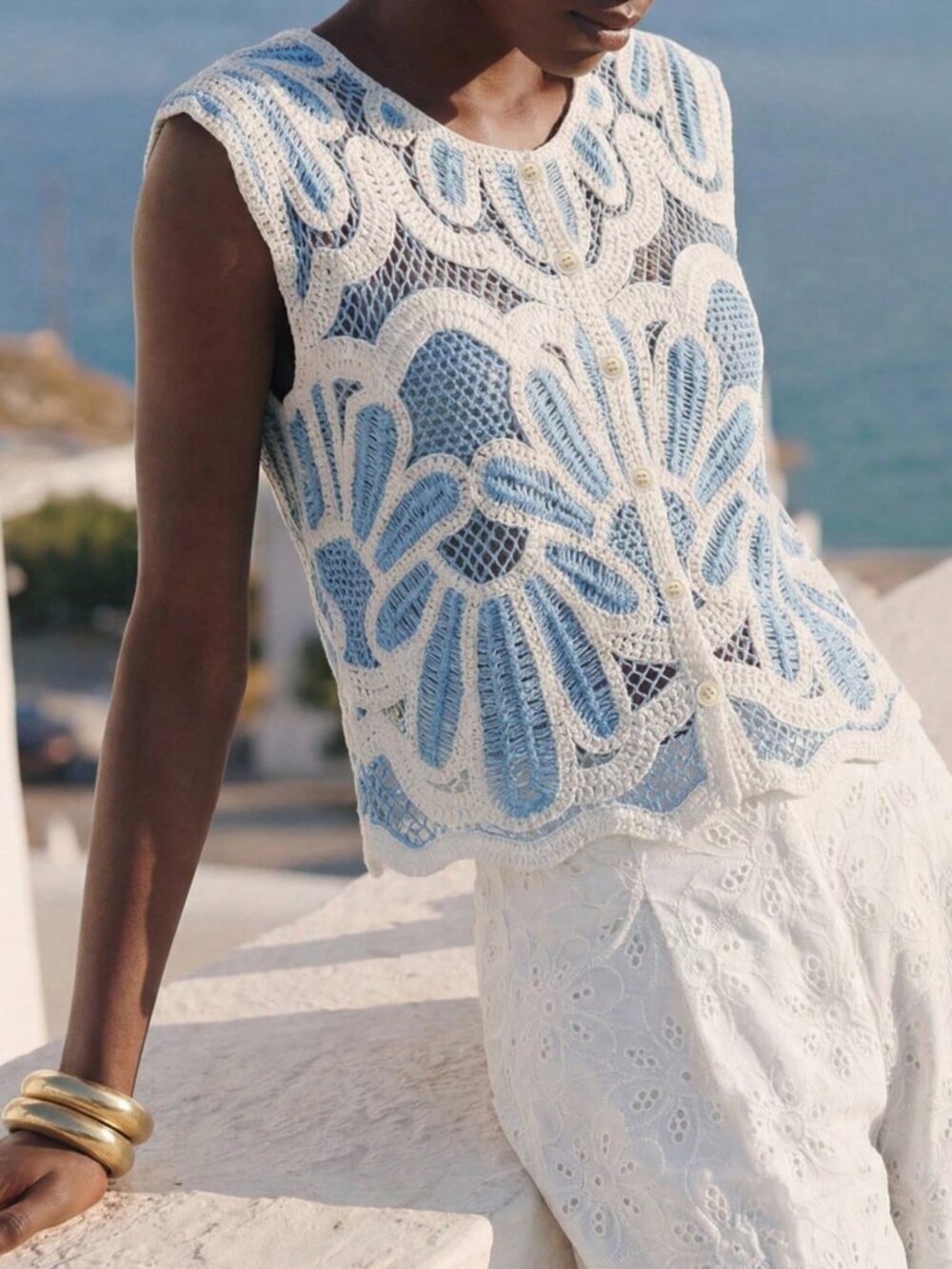blue Casual Women's Patchwork button down Knit Top